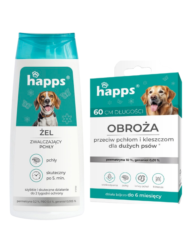 HAPPS - żel zwalczający pchły 150ml + HAPPS - obroża przeciw pchłom i kleszczom dla dużych psów 60cm