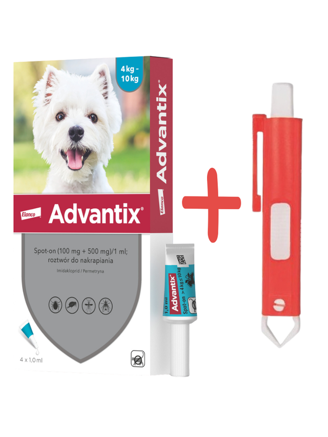 Advantix - dla psów 4-10kg (4 pipety x 1ml)+ TRIXIE Szczypce do usuwania kleszczy 9cm