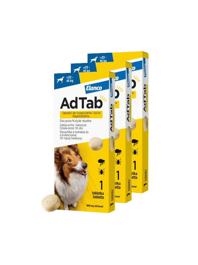 ELANCO 3xAdTab 900mg tabletki na pchły i kleszcze dla psów >22 - 45 kg