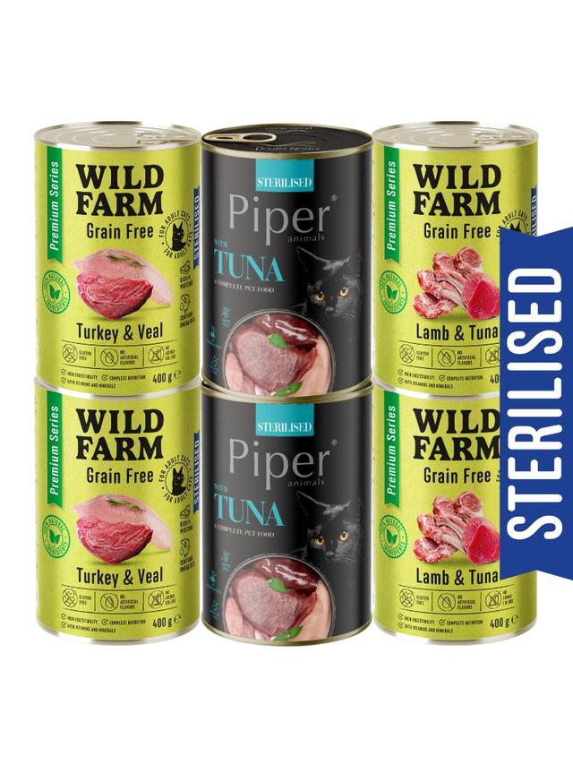 WILD FARM Premium Grain Free + Piper 6x400g  - bezzbożowa karma dla kota sterylizowanego