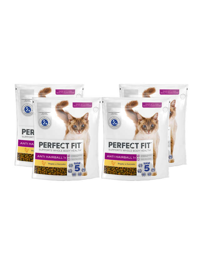 Perfect Fit™ Anti-hairball 1+, 4x750 g – sucha karma pełnoporcjowa dla kotów, bogata w kurczaka
