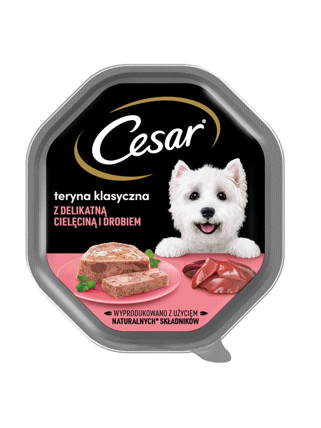 CESAR tacka 150 g – mokra karma pełnoporcjowa dla dorosłych psów, teryna z delikatną cielęciną i drobiem