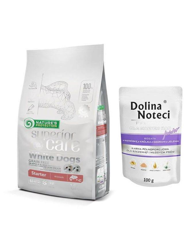 NATURES PROTECTION  Superior Care  White Dogs Grain Free Salmon Starter All Breeds 1,5kg + Dolina Noteci JUNIOR 100g