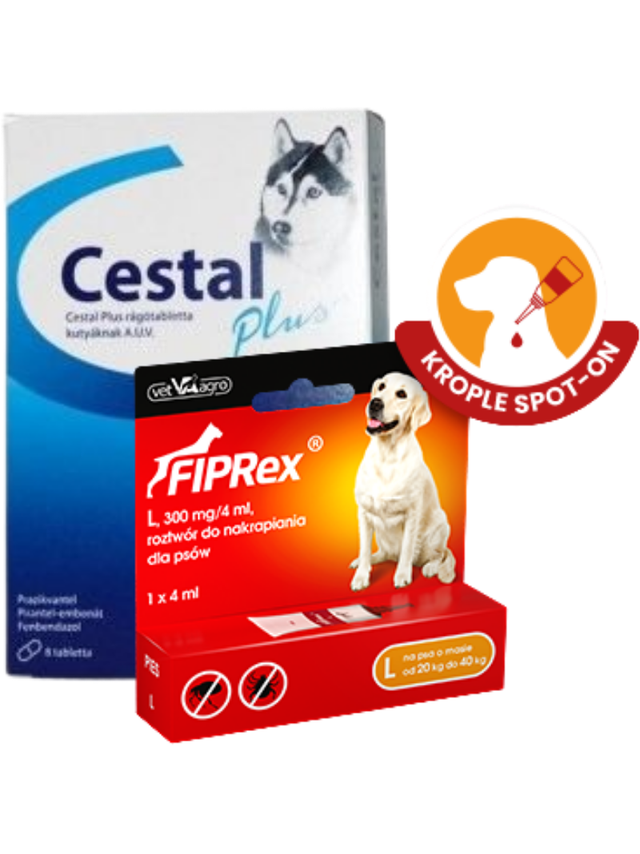 Fiprex L, 300 mg/4 ml, roztwór do nakrapiania dla psów+ Cestal Dog Plus tabletki na odrobaczanie psów 2 sztuki
