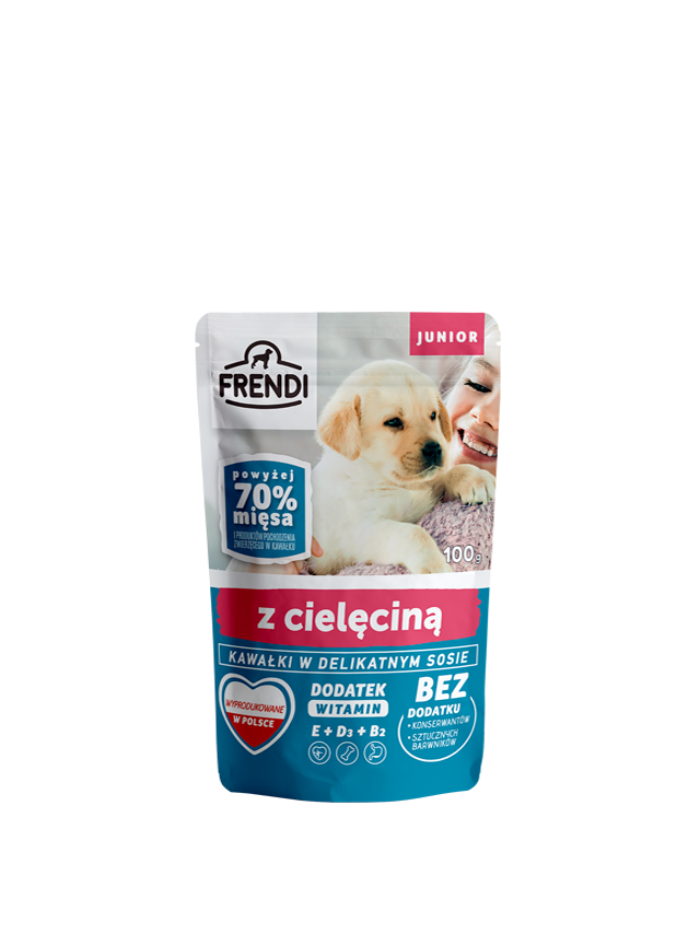 Frendi- Junior, Kawałki w delikatnym sosie z cielęciną dla psa 100g