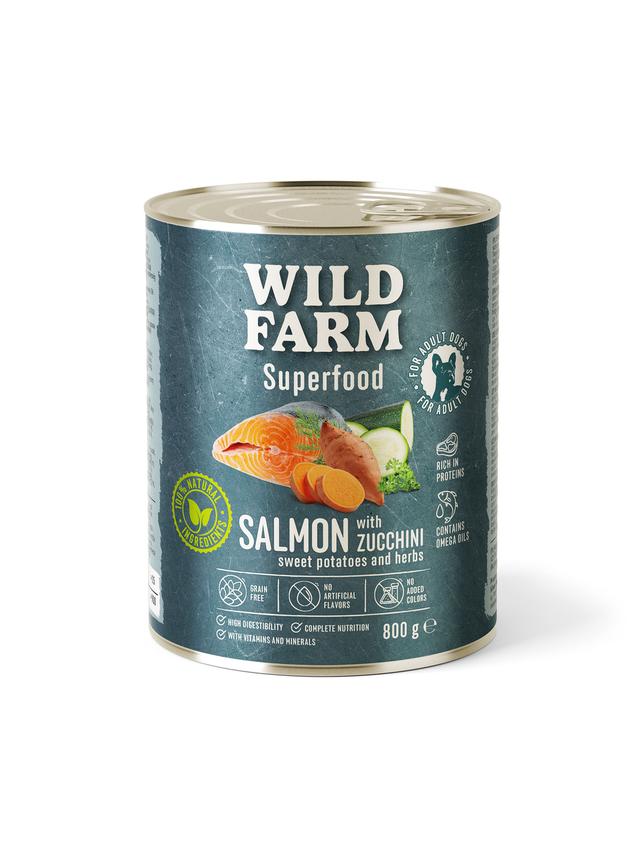 WILD FARM Superfood Salmon (Łosoś z cukinią, słodkimi ziemniakami i ziołami) 800g bezzbożowa karma dla psa