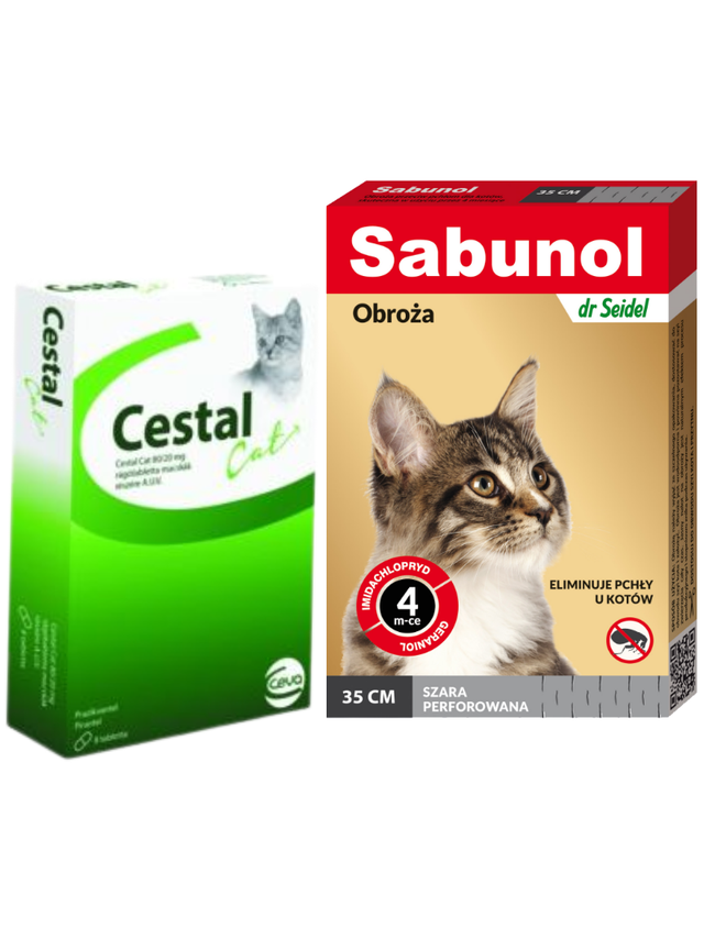 Sabunol szara obroża przeciw pchłom  dla kota 35 cm+ Cestal Cat tabletki na odrobaczanie kotów 2szt