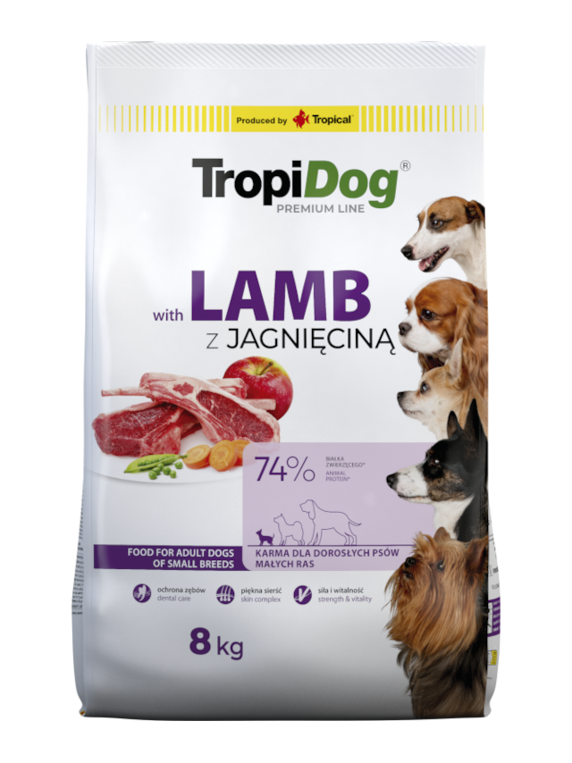 TROPIDOG Premium Adult Small Breeds z jagnięciną i ryżem 8kg