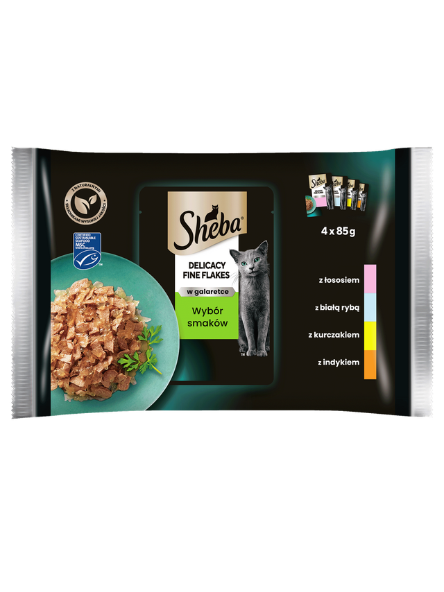 SHEBA Delicacy Fine Flakes Wybór Smaków saszetki 4x85 g – mokra karma pełnoporcjowa dla dorosłych kotów, w galaretce (kawałki z: łososiem, białą rybą, kurczakiem, indykiem)