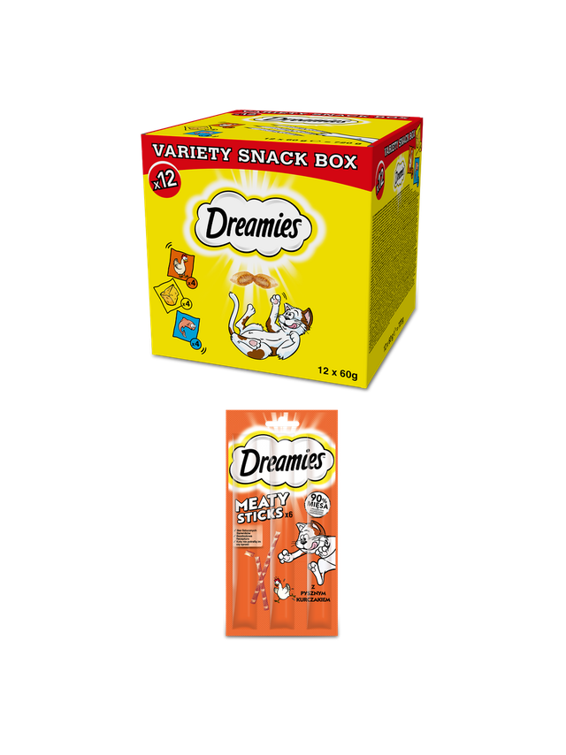 DREAMIES™ Variety Snack Box – karma uzupełniająca dla kotów (z kurczakiem, z serem i o smaku łososia) - 12x60g + DREAMIES 30g – karma uzupełniająca dla dorosłych kotów, z pysznym kurczakiem GRATIS