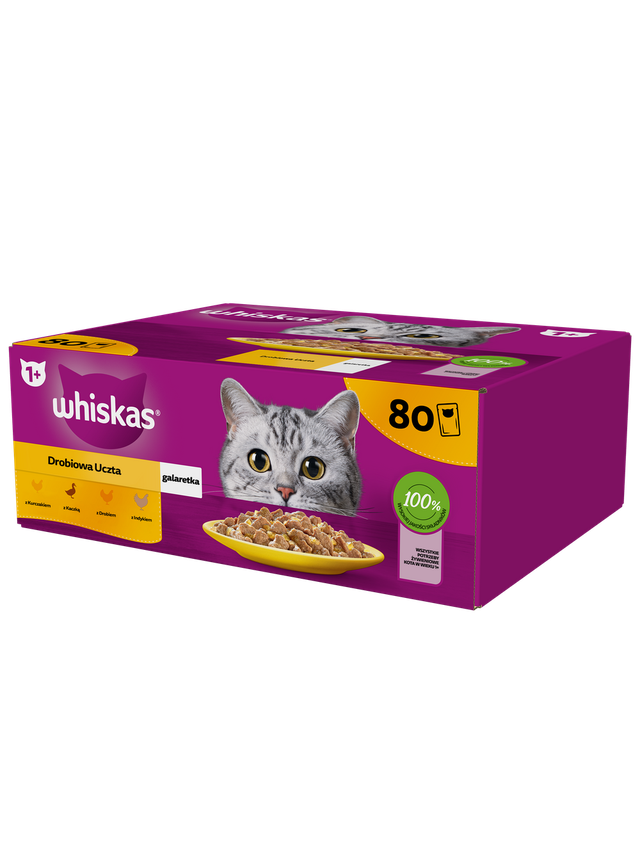 WHISKAS Adult saszetka 80 x 85 g Drobiowa Uczta - mokra karma dla dorosłego kota, w galaretce (kawałki z: kurczakiem, kaczką, drobiem, indykiem)