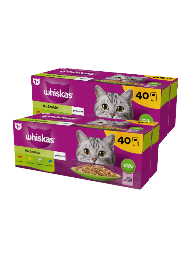 WHISKAS Adult saszetki 80 x 85 g Mix Smaków - mokra karma dla dorosłego kota, w galaretce (kawałki z: wołowiną, kurczakiem, łososiem, tuńczykiem)