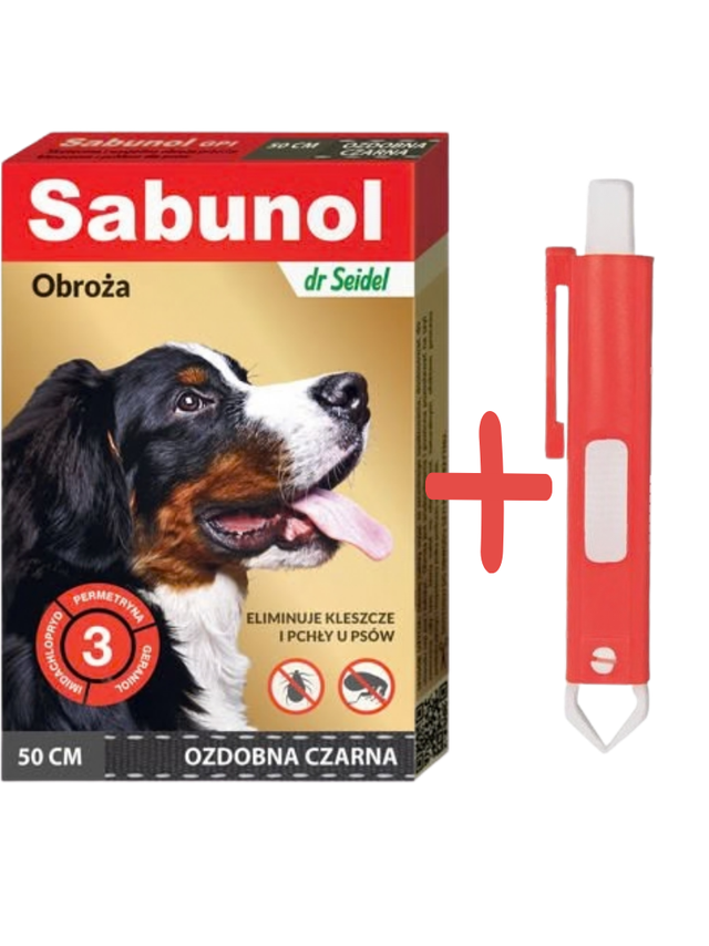 Sabunol - ozdobna czarna obroża przeciw pchłom i kleszczom dla psa 50 cm+TRIXIE Szczypce do usuwania kleszczy 9cm