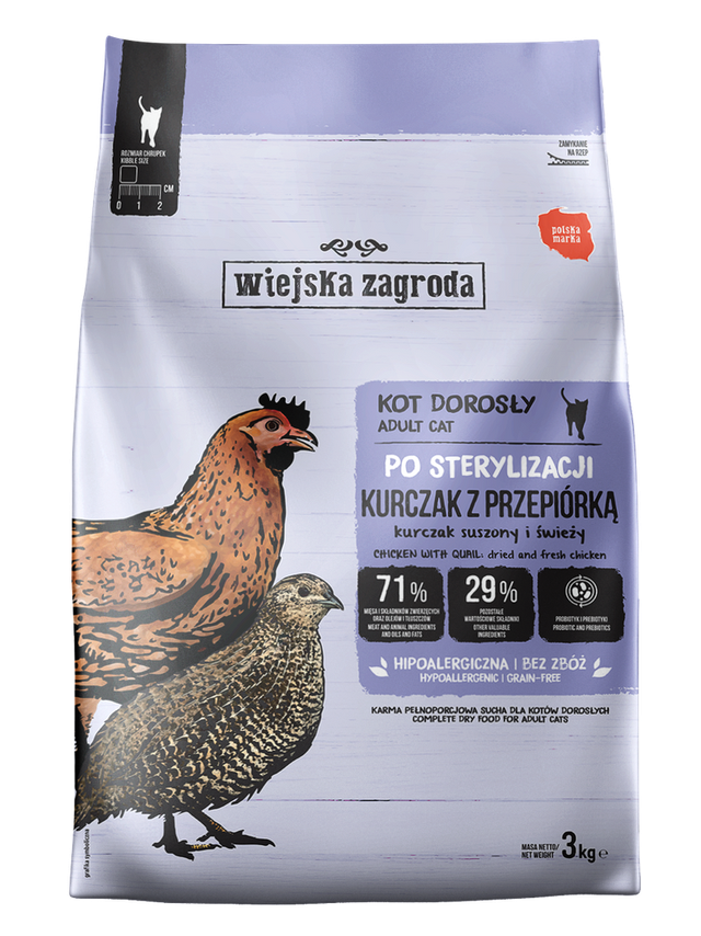 Wiejska Zagroda Karma sucha dla kota po sterylizacji Kurczak z przepiórką (dorosły) 3kg