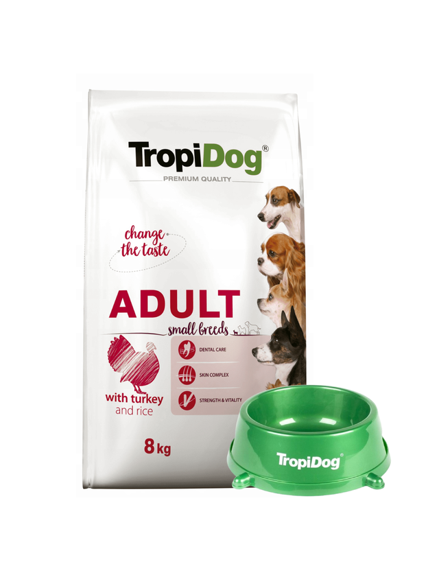 TROPIDOG Premium Adult Small Breeds z indykiem i ryżem 8kg + Miska mała GRATIS!!