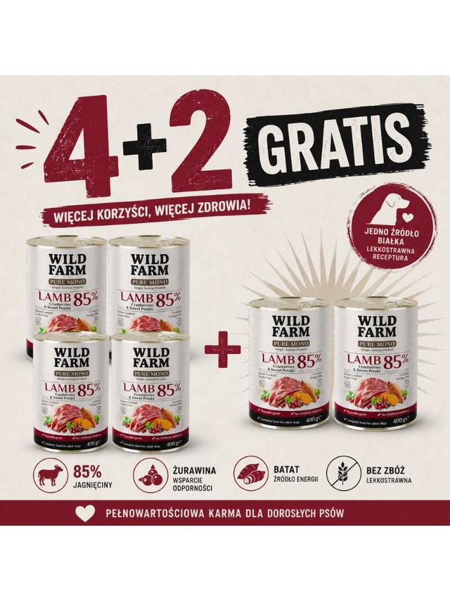 WILD FARM PURE MONO Lamb Cranberries and Sweet Potato 6x400g monoproteinowa karma dla psa