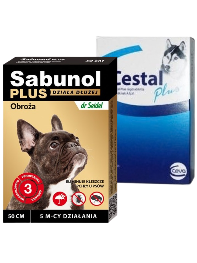 Sabunol Plus - Obroża przeciw pchłom i kleszczom dla psa 50cm+ Cestal Dog Plus tabletki na odrobaczanie psów 2 sztuki