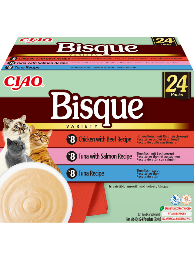 INABA Cat Ciao Bisque - karma uzupełniająca dla kota zupa krem z kurczakiem, wołowiną, tuńczykiem i łososiem 24x40g