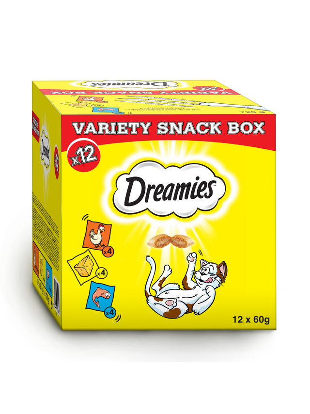 DREAMIES™ Variety Snack Box – karma uzupełniająca dla kotów (z kurczakiem, z serem i o smaku łososia) - 12x60g