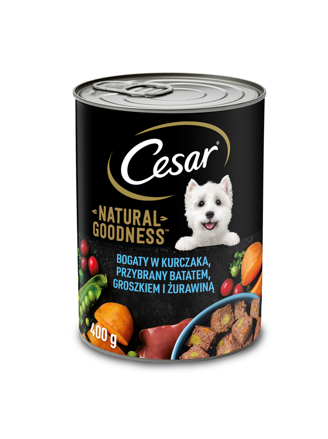 CESAR puszka 400g - mokra karma pełnoporcjowa dla dorosłych psów bogata w kurczaka, przybrana batatem, groszkiem i żurawiną