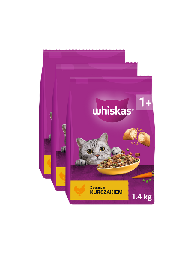 WHISKAS Adult 3x1,4 kg - sucha karma dla dorosłego kota, z pysznym kurczakiem
