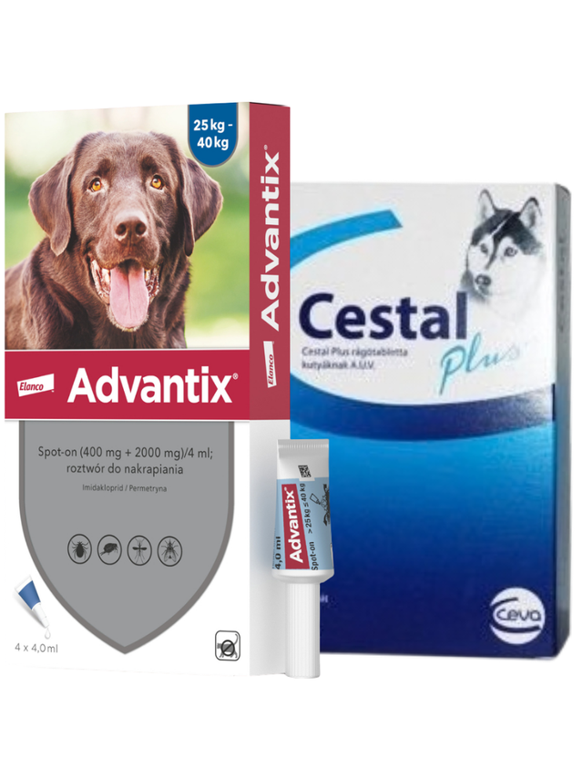 Advantix - dla psów 25-40kg (4 pipety x 4ml)+ Cestal Dog Plus tabletki na odrobaczanie psów 2 sztuki