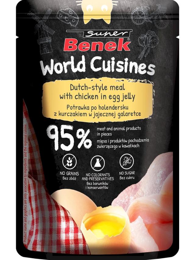 Super Benek World Cuisines Karma pełnoporcjowa dla dorosłych kotów. Potrawka po holendersku z kurczakiem w jajecznej galaretce 100g
