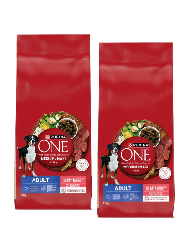 PURINA ONE Adult Medium/Maxi Karma dla dorosłych psów bogata w wołowinę z ryżem 2x12 kg