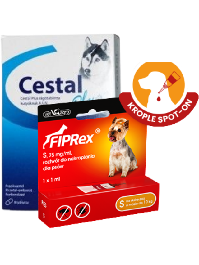 Cestal Dog Plus tabletki na odrobaczanie psów 2 sztuki+ Fiprex S, 75 mg/ml, roztwór do nakrapiania dla psów