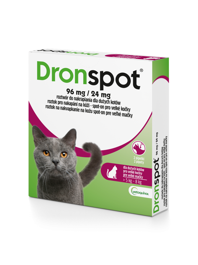VETOQUINOL Dronspot Roztwór Do Nakrapiania Dla Dużych Kotów od 5kg do 8kg 30mg/7,5mg (2x1,12ml)
