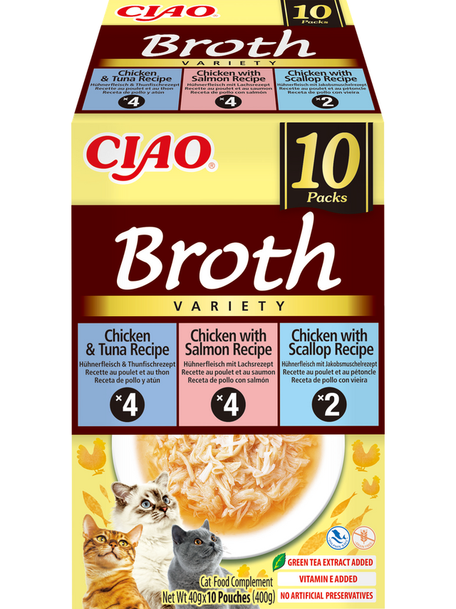 INABA Ciao Broth - karma uzupełniająca dla kota o smaku kurczaka i łososia, kurczaka i tuńczyka, kurczaka i przegrzebek 10x40g