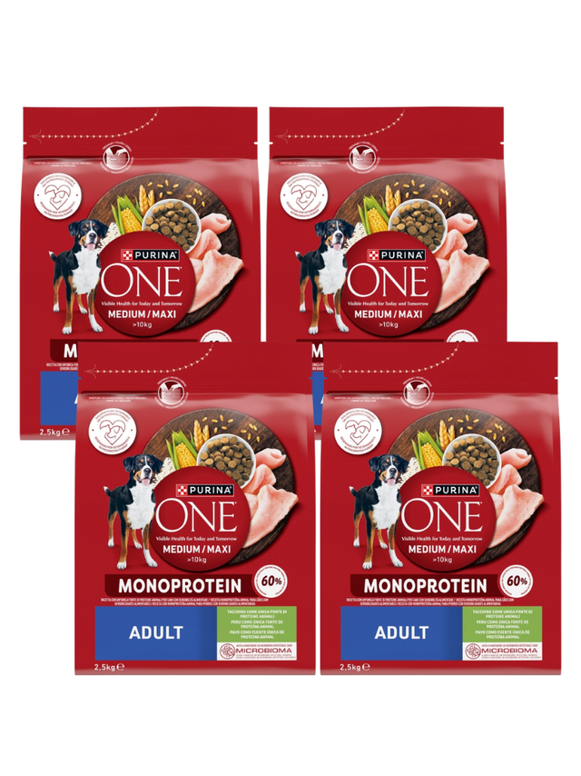 PURINA ONE Adult Medium/Maxi Karma dla dorosłych psów bogata w indyka 4x2,5 kg