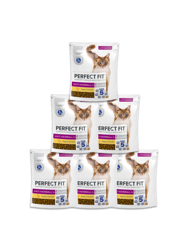 Perfect Fit™ Anti-hairball 1+, 6x750 g – sucha karma pełnoporcjowa dla kotów, bogata w kurczaka