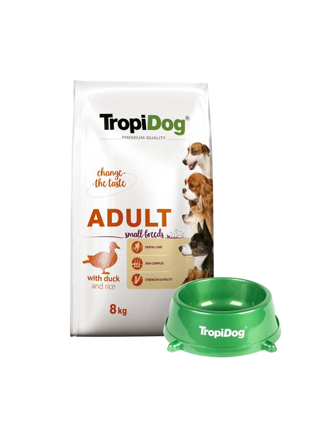 TROPIDOG Premium Adult Small Breeds z kaczką i ryżem 8kg + Miska mała GRATIS!!