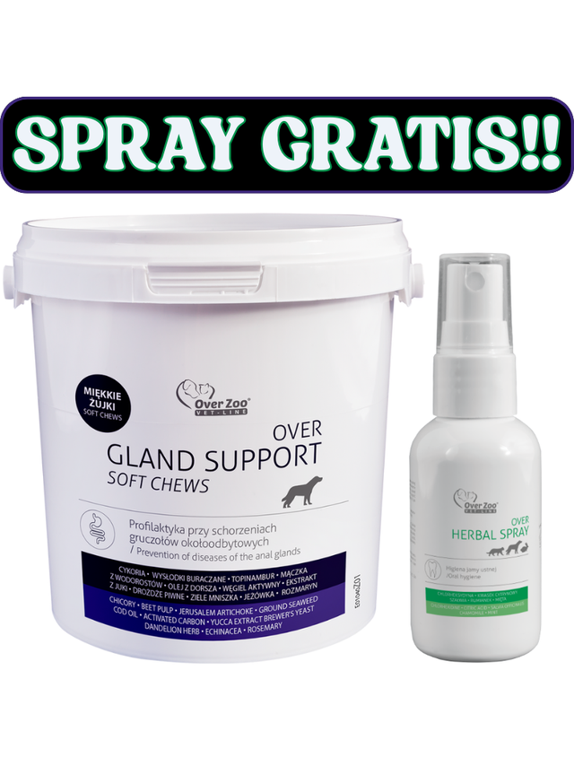 OVER Gland Support soft chews - na gruczoły około odbytowe -  90 żujek + Herbal Spray 50ml GRATIS