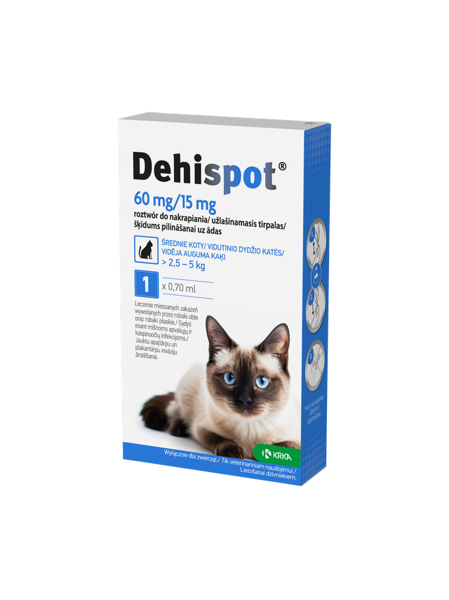 Dehispot 60mg/15mg - krople dla kota na pasożyty wewnętrzne, dla kotów o wadze 2,5-5kg