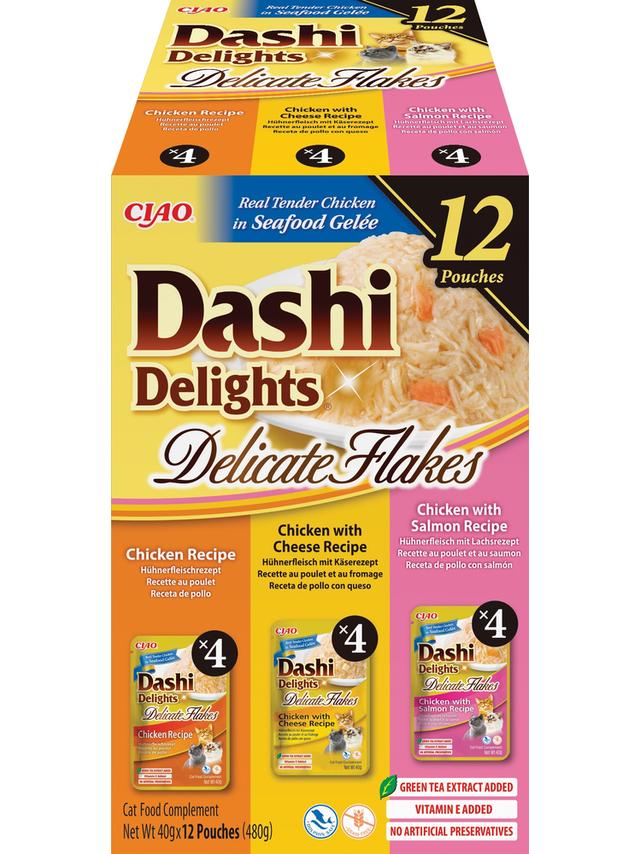 INABA Ciao Dashi Delights Delicate Flakes- karma uzupełniająca dla kota o smaku kurczaka, kurczaka i sera,  kurczaka i łosiosia 12x40g