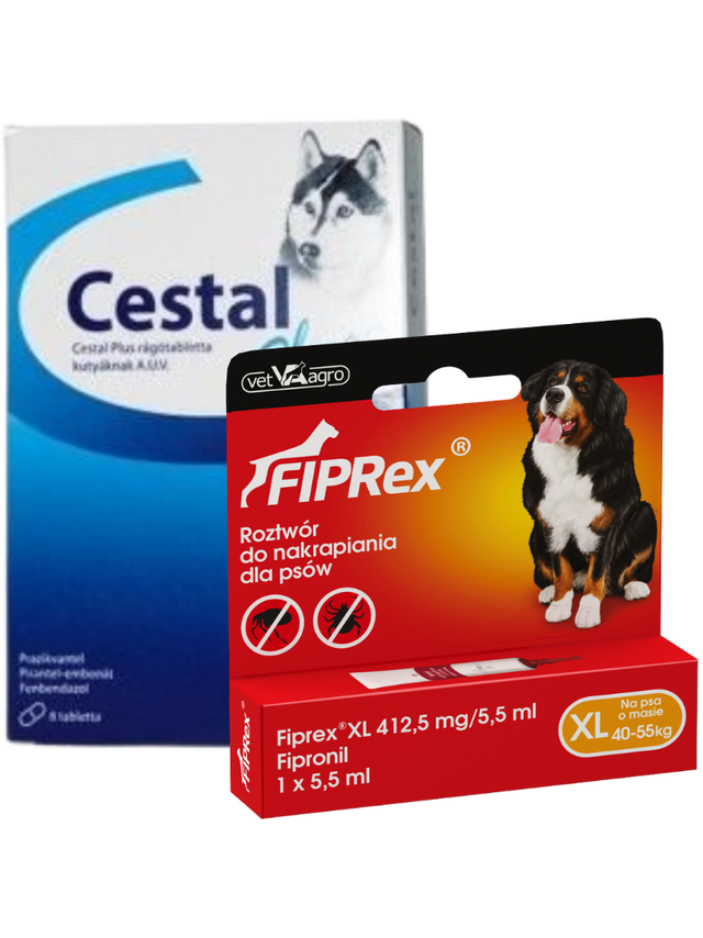Cestal Dog Plus tabletki na odrobaczanie psów 2 sztuki+ Fiprex XL, 412,5 mg/5,5 ml, roztwór do nakrapiania dla psów