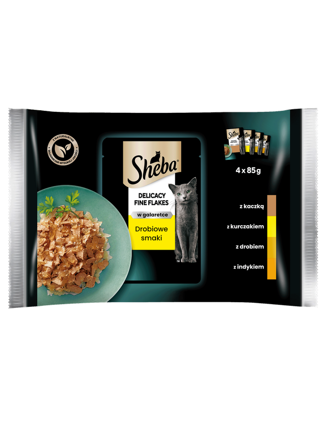 SHEBA Delicacy Fine Flakes Drobiowe Smaki saszetki 4x85 g – mokra karma pełnoporcjowa dla dorosłych kotów, w galaretce (kawałki z: kaczką, kurczakiem, drobiem, indykiem)
