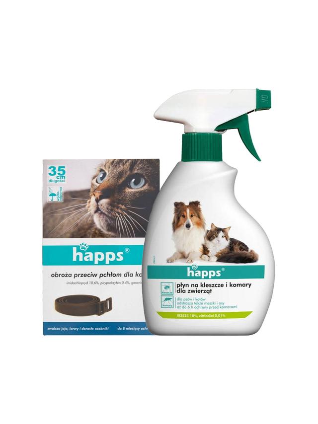 HAPPS - obroża przeciw pchłom dla kotów 35cm + HAPPS - płyn na kleszcze i komary dla zwierząt 200ml