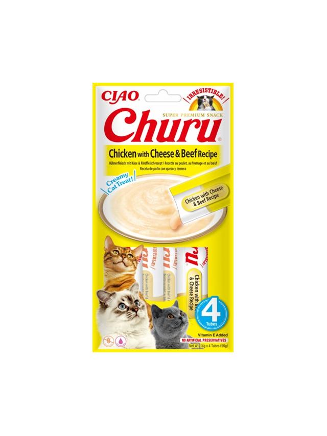 INABA  Churu przysmak dla kota o smaku kurczaka, sera i wołowiny 4x14g