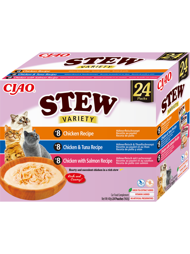 INABA Cat Ciao Stew - karma uzupełniająca dla kota o smaku kurczaka, tuńczyka i łososia 24x40g