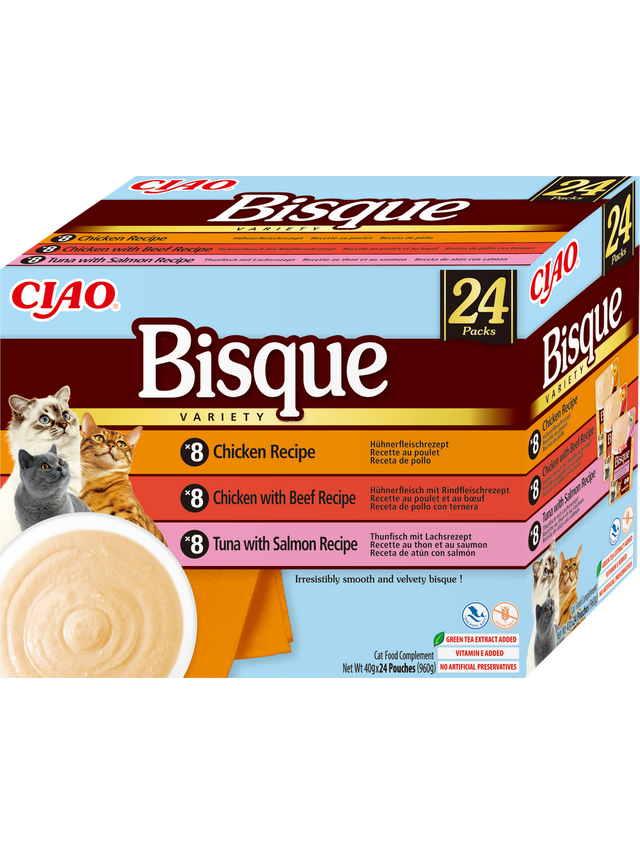 INABA Cat Ciao Bisque - karma uzupełniająca dla kota zupa krem z kurczakiem, wołowiną i rybą 24x40g