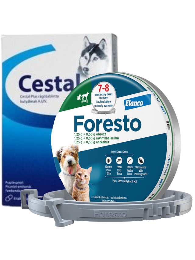 ELANCO Foresto Obroża dla kotów i psów poniżej 8kg+ Cestal Dog Plus tabletki na odrobaczanie psów 2 sztuki