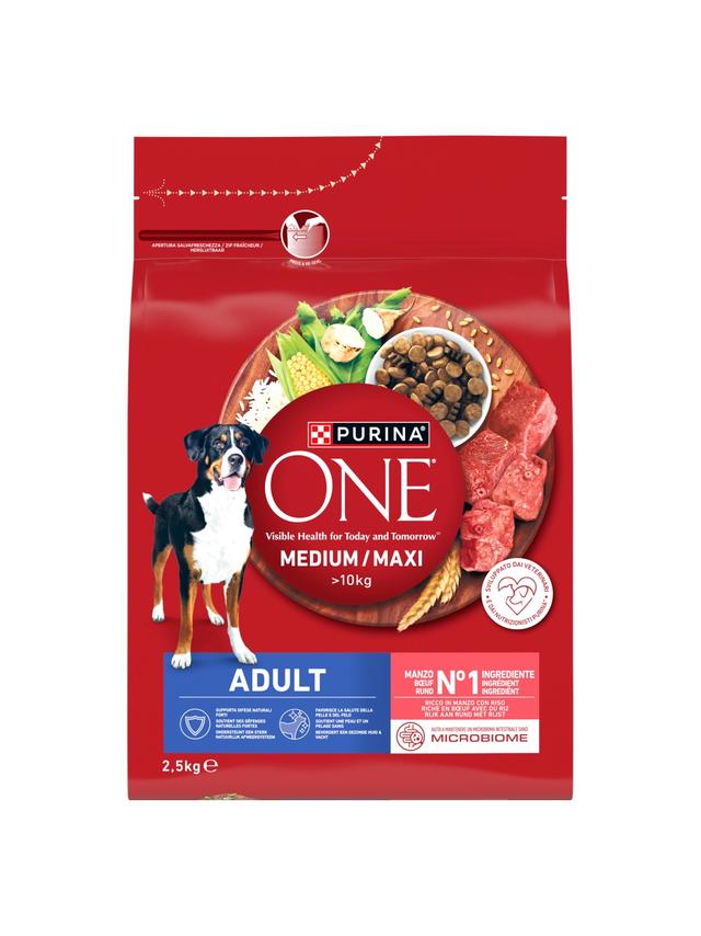 PURINA ONE Adult Medium/Maxi Karma dla dorosłych psów bogata w wołowinę z ryżem 2,5 kg