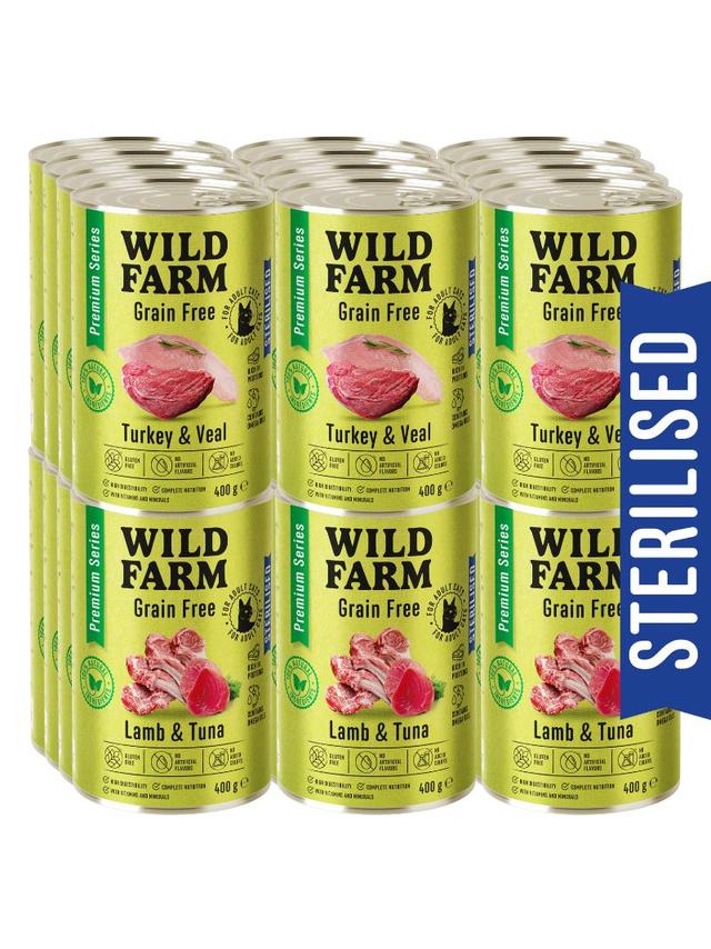 WILD FARM Premium Grain Free Turkey and Veal / Lamb and Tuna 24x400g  - bezzbożowa karma dla kota sterylizowanego