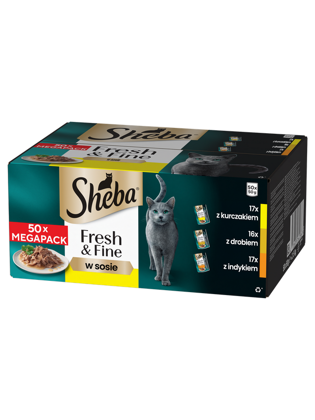 SHEBA saszetka 50x50g Fresh & Fine - mokra karma dla kotów dorosłych w sosie (z kurczakiem, z drobiem, z indykiem)