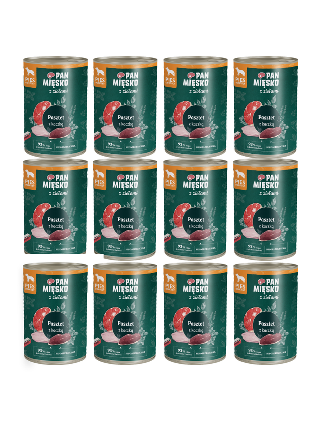 PAN MIĘSKO z Ziołami Pasztet z kaczką karma mokra dla psa 12x400g