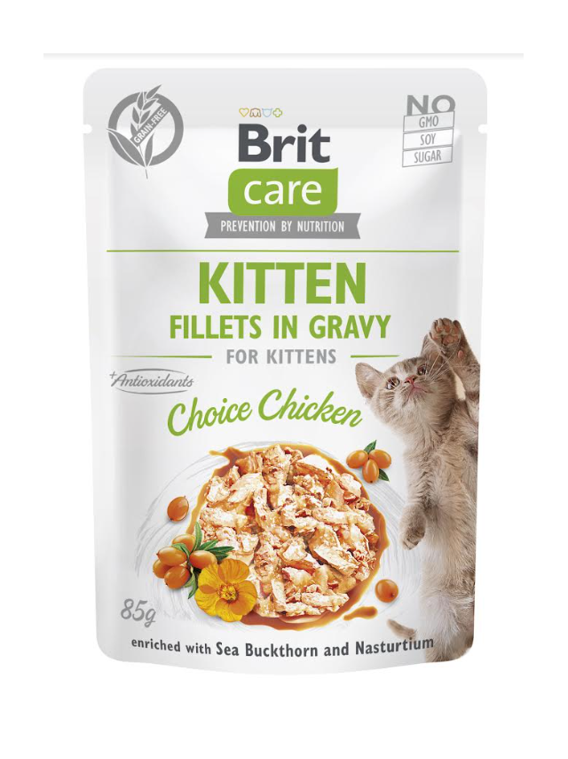 BRIT CARE Cat Kitten Fillets in Gravy Choice Chicken Enriched with Sea Buckthorn and Nasturtium 24x85g