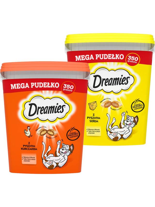 DREAMIES Mega Pudełko 2x350g – karma uzupełniająca dla dorosłych kotów, z pysznym kurczakiem / z pysznym serem